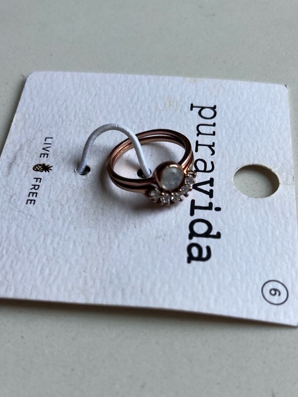 Pura Vida Rose Gold Ring Duo with Moon Stone and cubic zirconia Halo - size 6